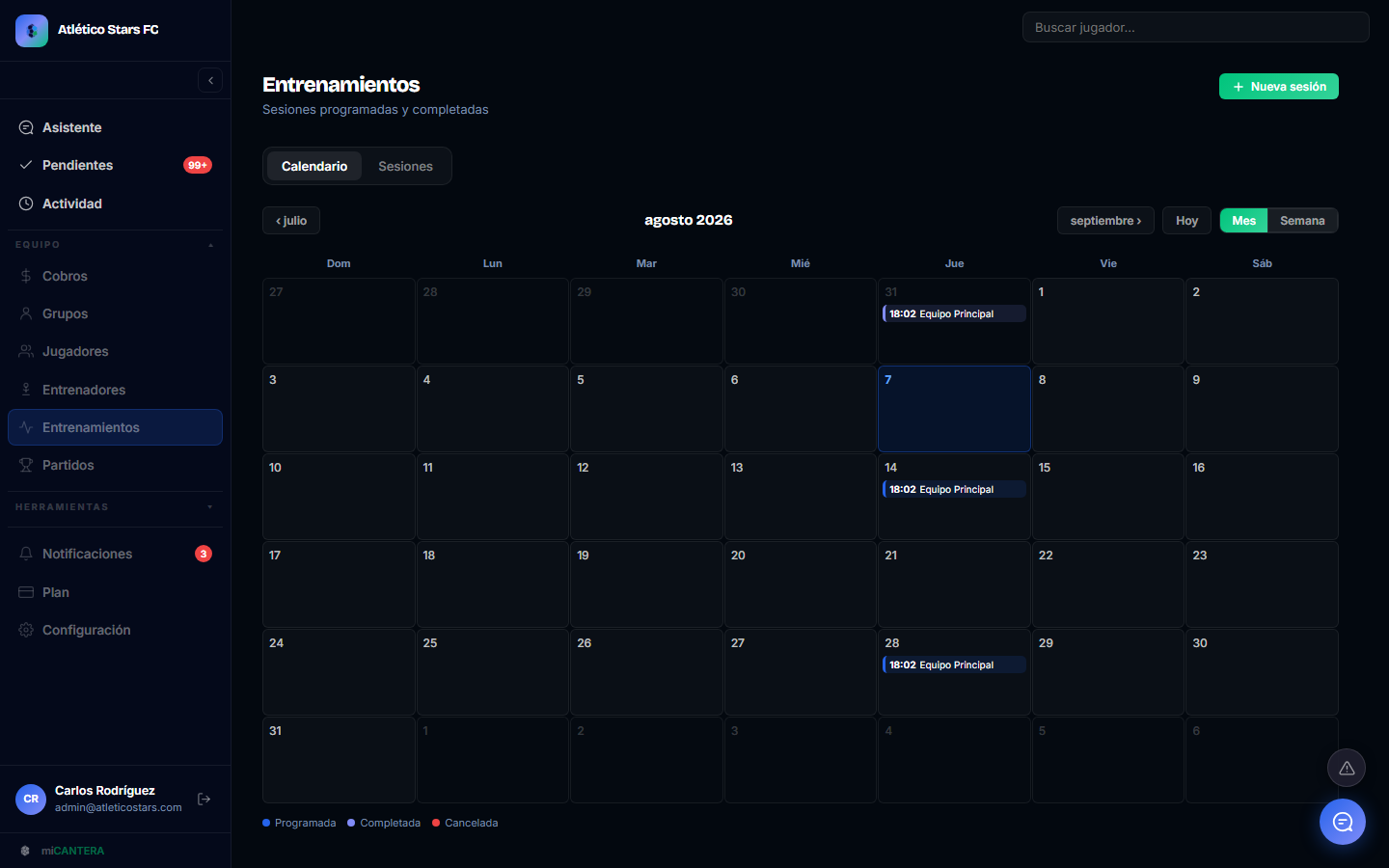 Calendario de entrenamientos