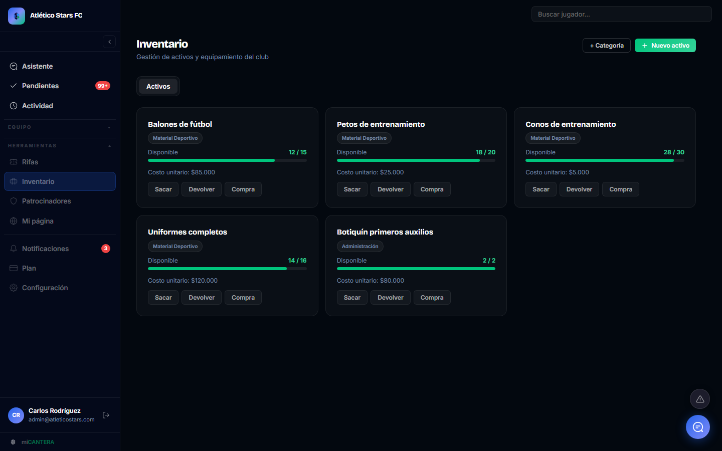 Inventario de activos del club