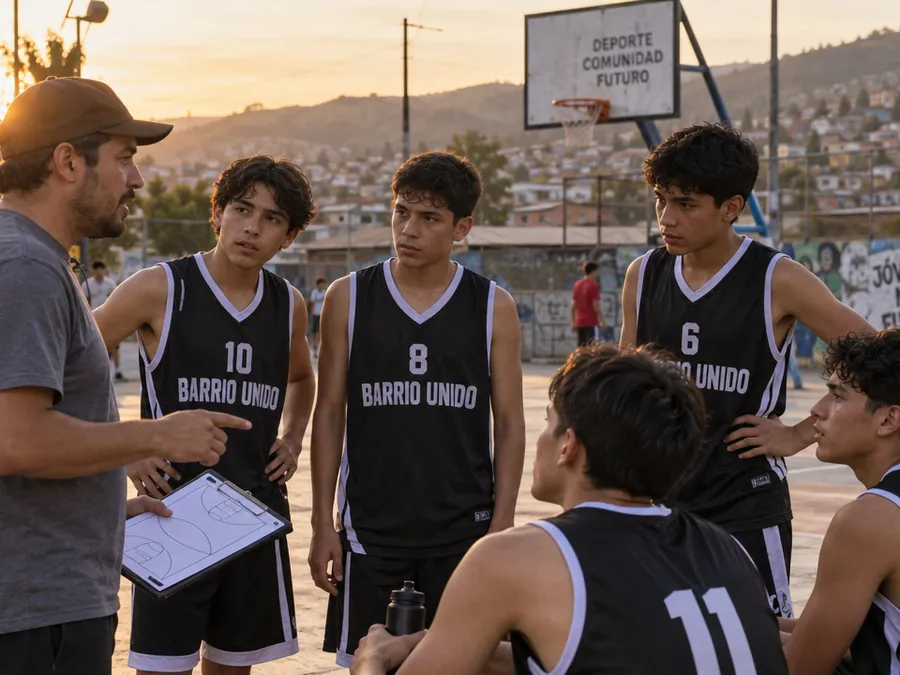 Entrenador explicando una jugada con una pizarra a jugadores de baloncesto en una cancha al aire libre