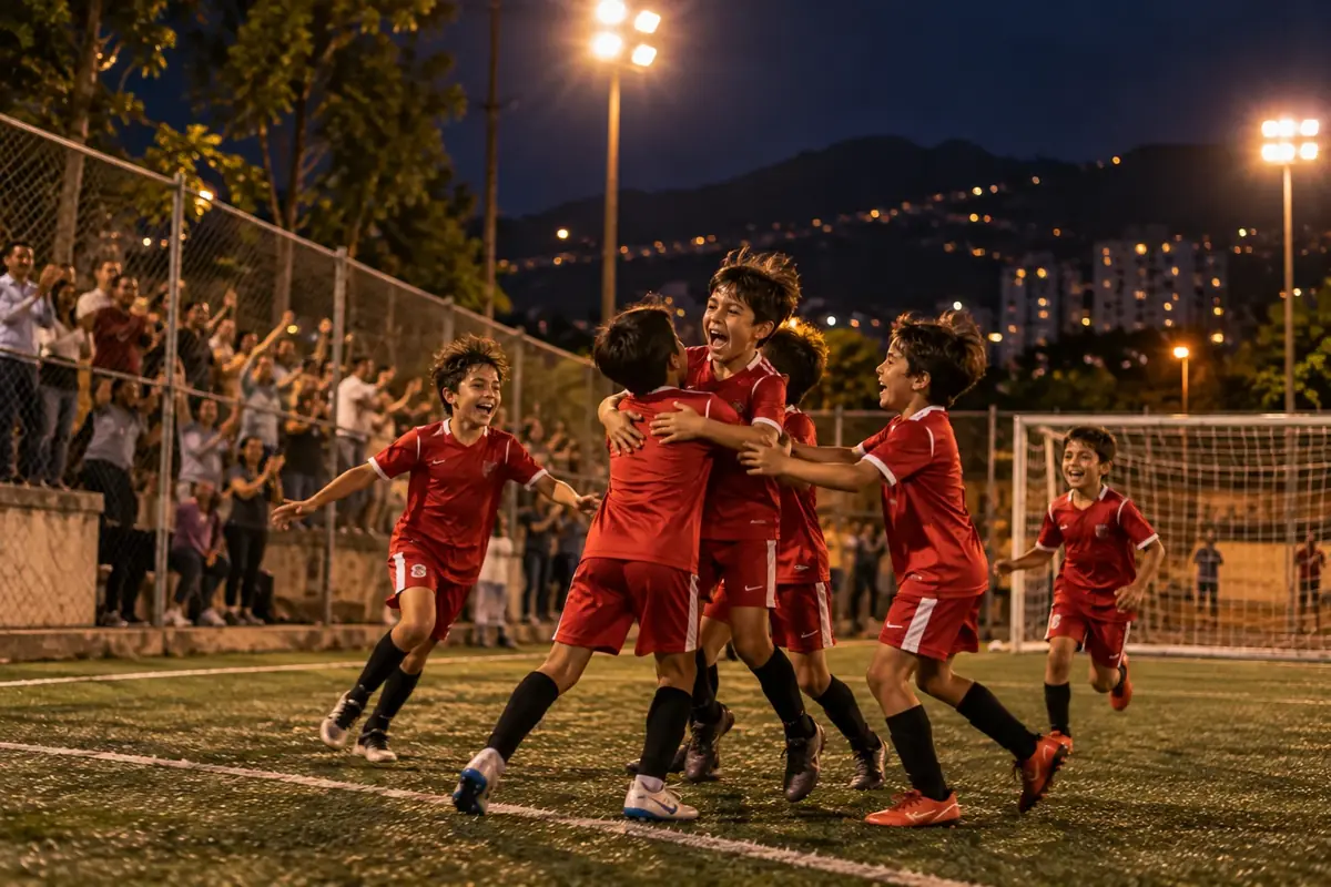 Niños de un club celebrando un gol de noche en una cancha iluminada