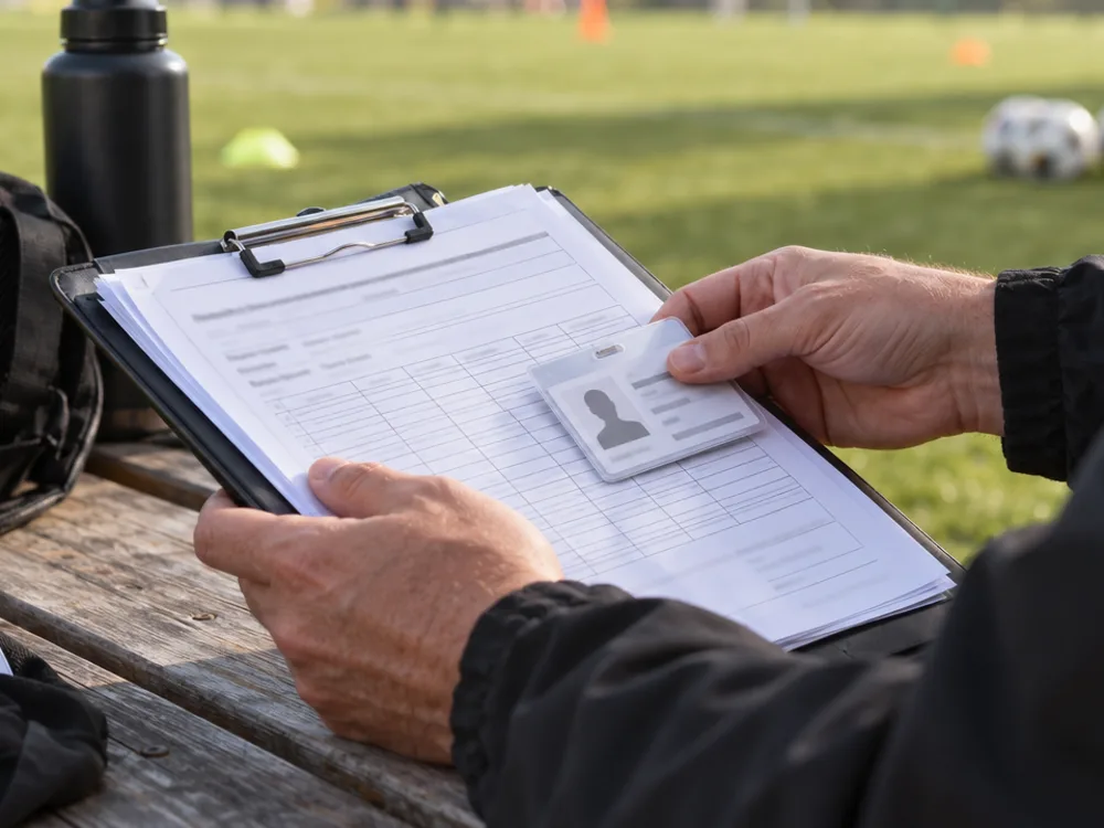 Entrenador revisando fichas de inscripción y un carnet de jugador en un banco junto a la cancha