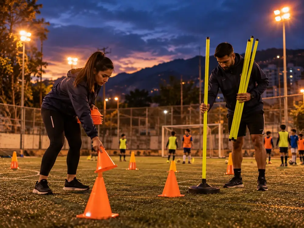 Dos entrenadores preparando conos y estacas en la cancha