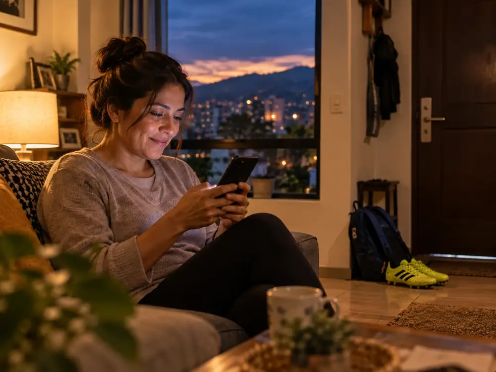 Mamá leyendo en su celular un aviso del club