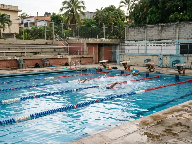 Nadadores entrenando en los carriles de una piscina de club al aire libre