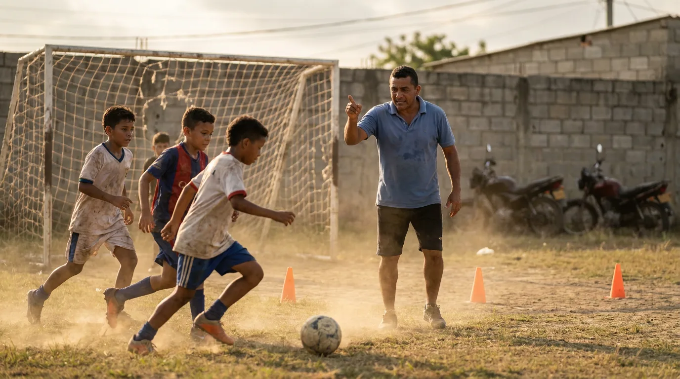 Entrenamiento de fútbol amateur en una cancha de barrio en Colombia