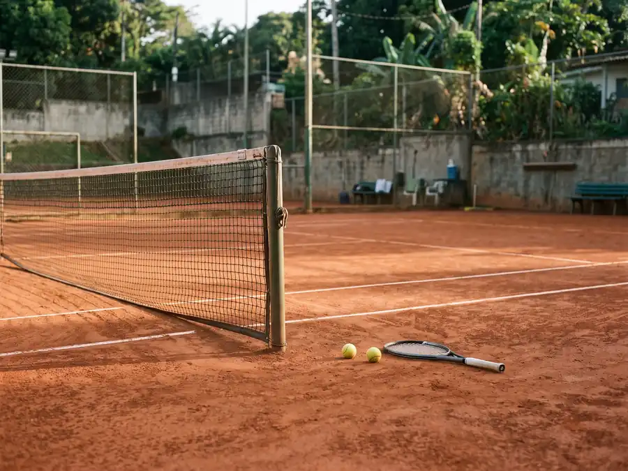 Red y pelotas de tenis junto a una raqueta sobre una cancha de arcilla de un club