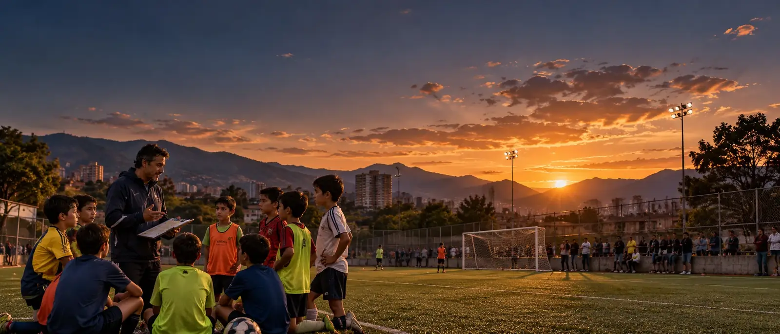 Entrenador explicando un ejercicio a sus jugadores al atardecer